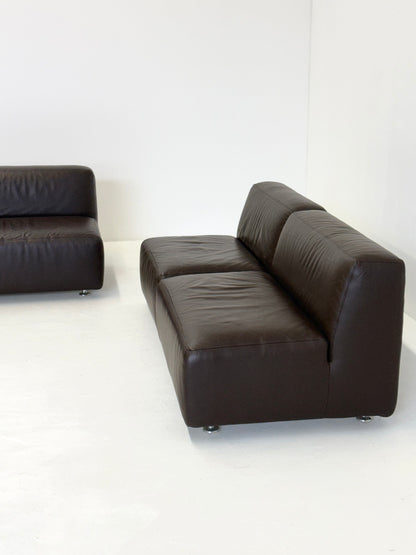 Set van 3 vintage space age modulaire leren sofa / fauteuils in donkerbruin