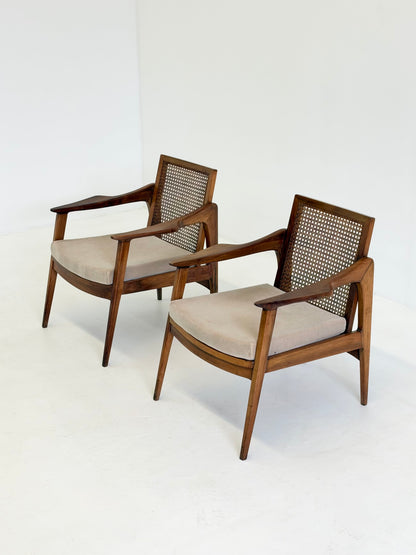 Mid Century Fauteuils van Notenhout en Rotan met Mohair