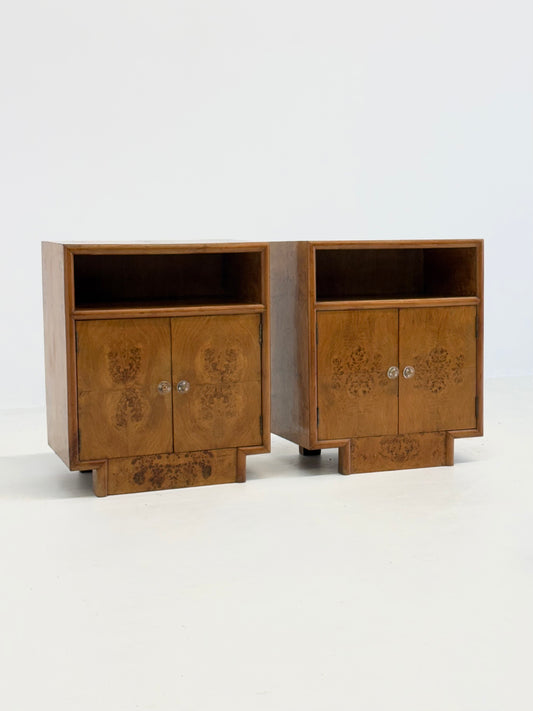 Set van twee vintage Art Deco nachtkastjes met wortelhout