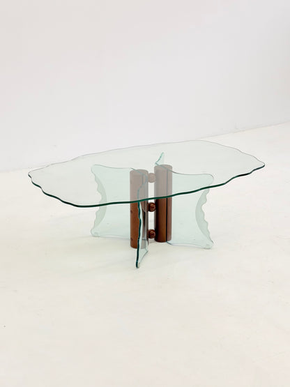 Vintage postmoderne salontafel met gegolfd glas en houten bollen