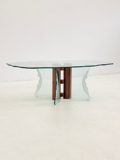 Vintage postmoderne salontafel met gegolfd glas en houten bollen