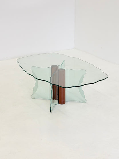 Vintage postmoderne salontafel met gegolfd glas en houten bollen