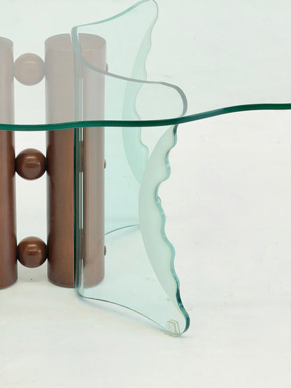 Vintage postmoderne salontafel met gegolfd glas en houten bollen