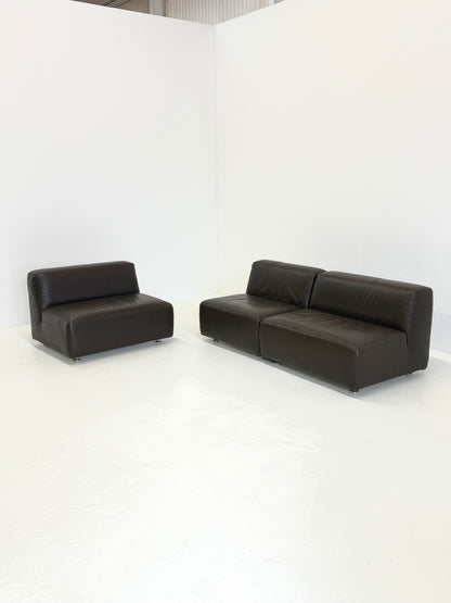 Set van 3 vintage space age modulaire leren sofa / fauteuils in donkerbruin