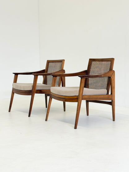Mid Century Fauteuils van Notenhout en Rotan met Mohair