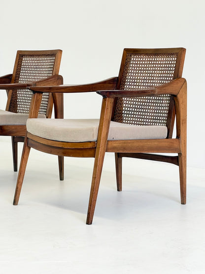 Mid Century Fauteuils van Notenhout en Rotan met Mohair