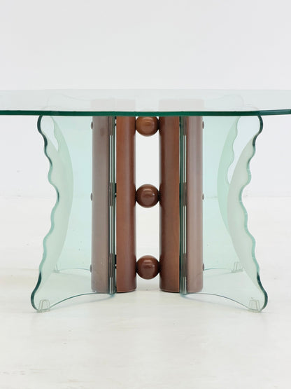 Vintage postmoderne salontafel met gegolfd glas en houten bollen