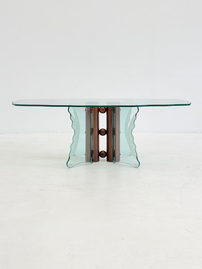 Vintage postmoderne salontafel met gegolfd glas en houten bollen