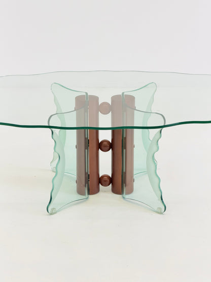 Vintage postmoderne salontafel met gegolfd glas en houten bollen