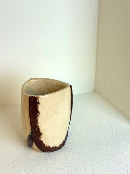 Vintage handgemaakt crèmekleurige & bruine vaas