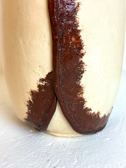 Vintage handgemaakt crèmekleurige & bruine vaas