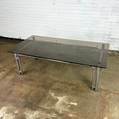 Rectangular vintage coffee table in chromed metal and smoked glass