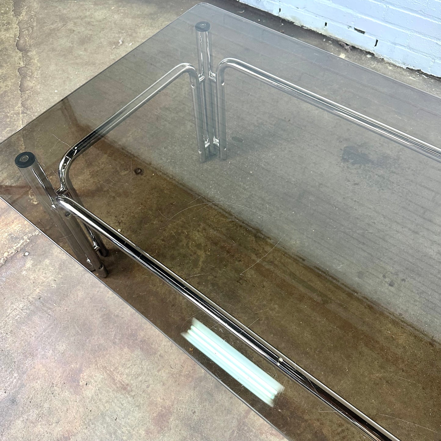 Rectangular vintage coffee table in chromed metal and smoked glass