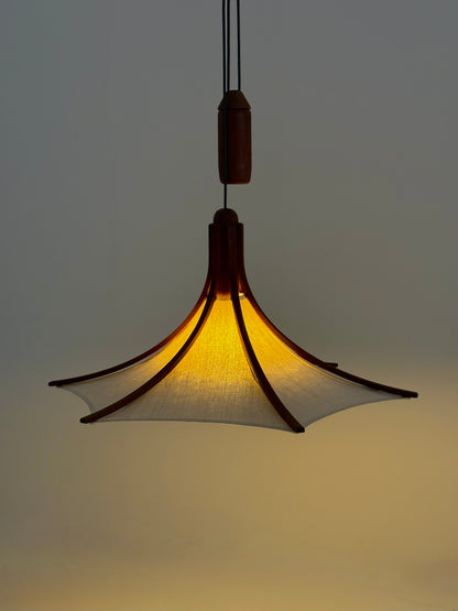Mid-century teakhouten hanglamp van Domus met linnen kap