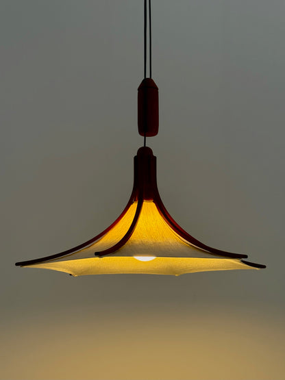 Mid-century teakhouten hanglamp van Domus met linnen kap