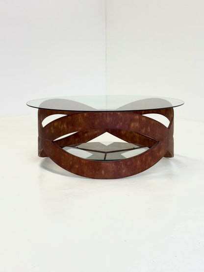 Vintage ronde salontafel met sculpturaal houten frame