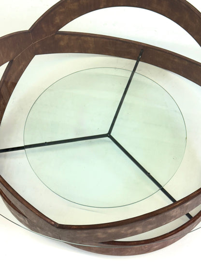 Vintage ronde salontafel met sculpturaal houten frame